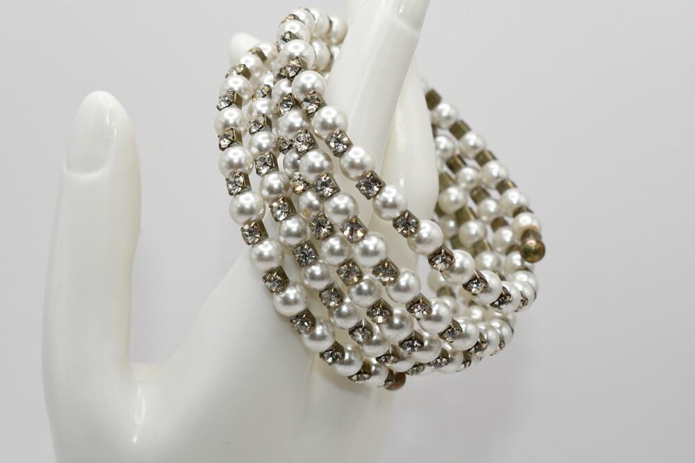 Vintage Faux Pearl Rhinestone Memory Wire Bracelet 5 Row Wrap Bracelet